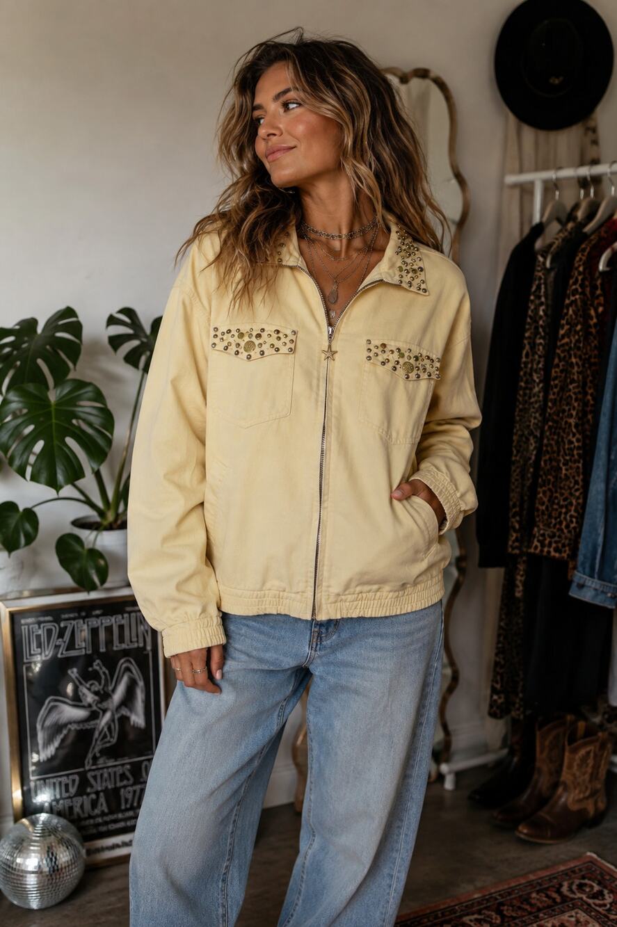 Vtg Butter Yellow Star Celestial Studded Zip Relaxed Boho Bomber Jacket Womens S